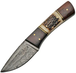 Damascus Fixed Blade Stag and Wood 3.5" Damascus Steel Knife