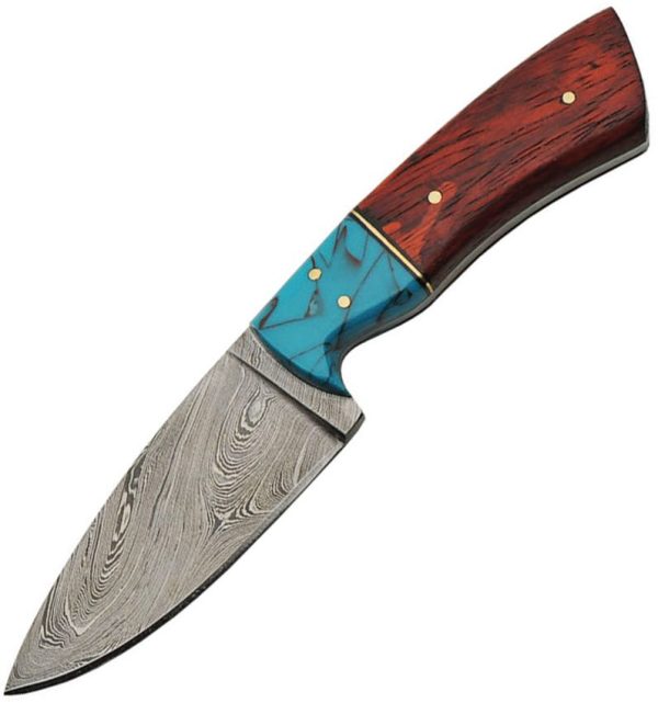 Damascus Fixed Blade Knife 4" Damascus Steel Redwood Turquoise