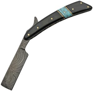 Damascus Razor Horn Turquoise Folding Knife 4.5" Damascus Blade