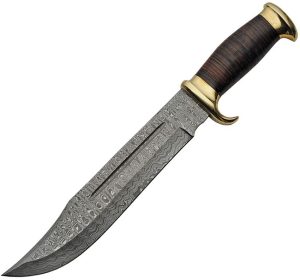 Damascus Bowie Fixed Blade Knife 10.5" Damascus Steel Leather Handle