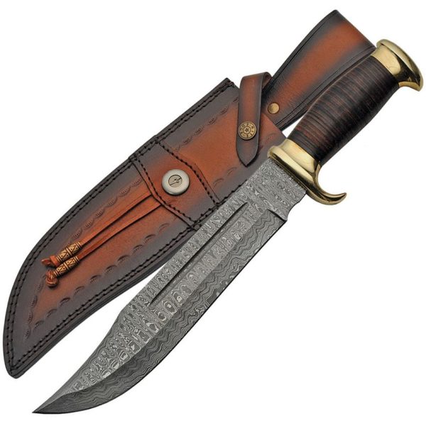 Damascus Bowie Fixed Blade Knife 10.5" Damascus Steel Leather Handle
