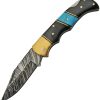 Damascus Lockback Horn Turquoise Folding Knife 2.75" Damascus Blade
