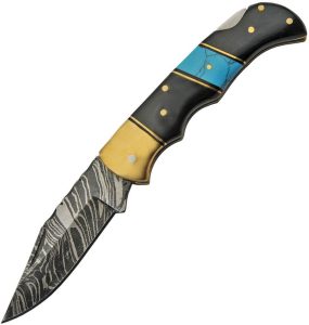 DM1215.jpg Damascus Lockback Horn Turquoise Folding Knife 2.75" Damascus Blade