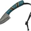 Damascus Hunter Turquoise Fixed Blade Knife, 3" Damascus Steel Blade, Black & Blue Handle w/ Sheath