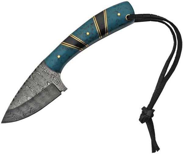Damascus Hunter Turquoise Fixed Blade Knife, 3" Damascus Steel Blade, Black & Blue Handle w/ Sheath