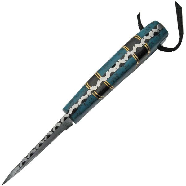 Damascus Hunter Turquoise Fixed Blade Knife, 3" Damascus Steel Blade, Black & Blue Handle w/ Sheath