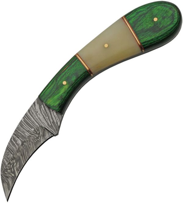 DM1260GN.jpg Damascus Hook Hunter Green Wood Fixed Blade Knife