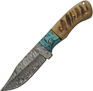 Damascus Hunter Ram's Horn Fixed Blade Knife 4.25" Damascus Steel