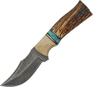 DM1274.jpg Damascus Stag and Turquoise Skinner Fixed Blade Knife 3.5"