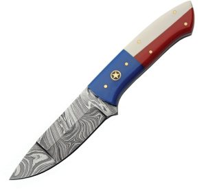 Damascus Texas Pride Fixed Blade Knife 3.75" Damascus Steel Red White Blue