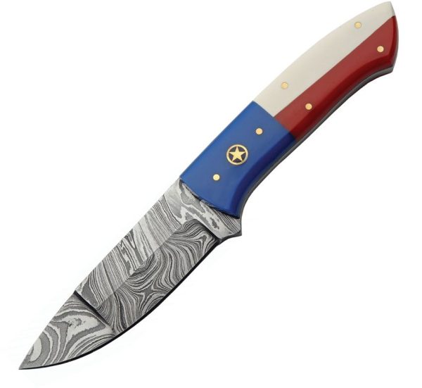Damascus Texas Pride Fixed Blade Knife 3.75" Damascus Steel Red White Blue