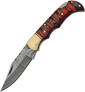 Damascus Red and Black Lockback Folding Knife Damascus Steel