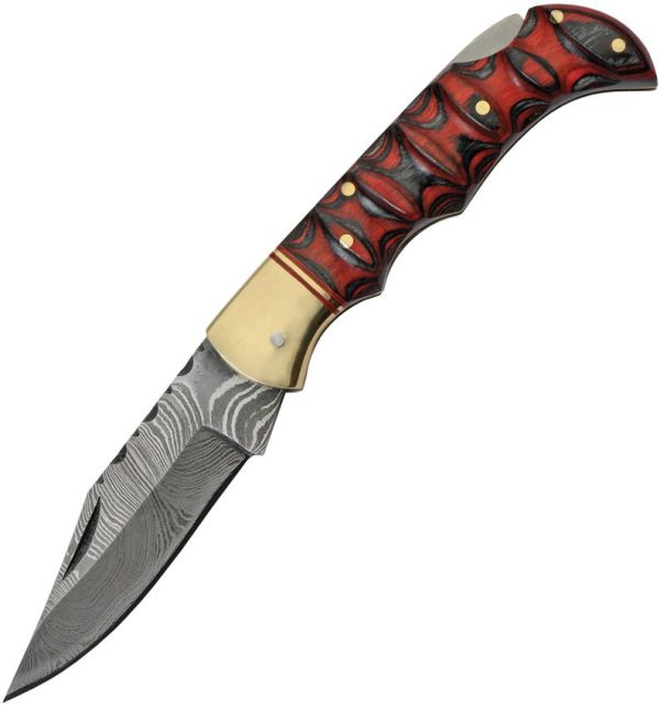 Damascus Red and Black Lockback Folding Knife Damascus Steel