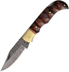 Damascus Twisted Wood Lockback Folding Knife 3" Damascus Blade