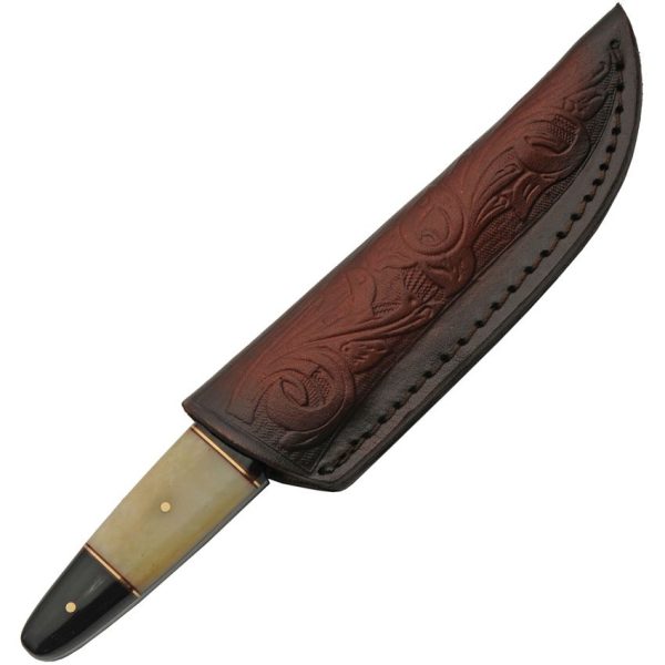 Damascus Fixed Blade Buffalo Horn Camel Bone 4.5" Knife