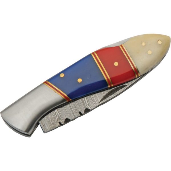 Damascus Lockback Red Blue Folding Knife 3" Damascus Steel Blade