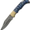 Damascus Grooved Lockback Blue 3" Damascus Folding Knife