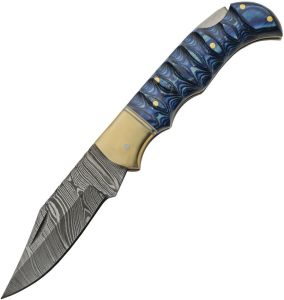 Damascus Grooved Lockback Blue 3" Damascus Folding Knife