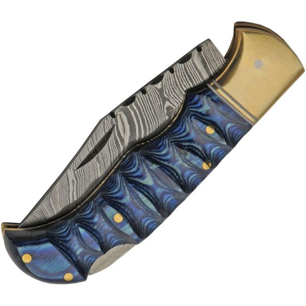 Damascus Grooved Lockback Blue 3" Damascus Folding Knife