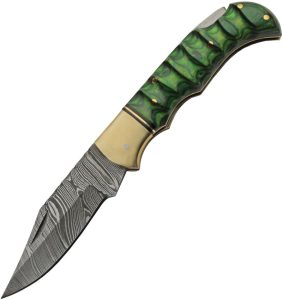 Damascus Grooved Lockback Green 3" Damascus Folding Knife