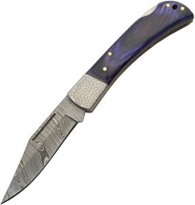 Damascus Opal Blue Lockback Folding Knife 3.5 inch