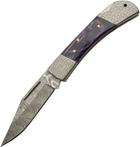 Damascus Opal Blue Lockback Folding Knife 3.5" Damascus Steel