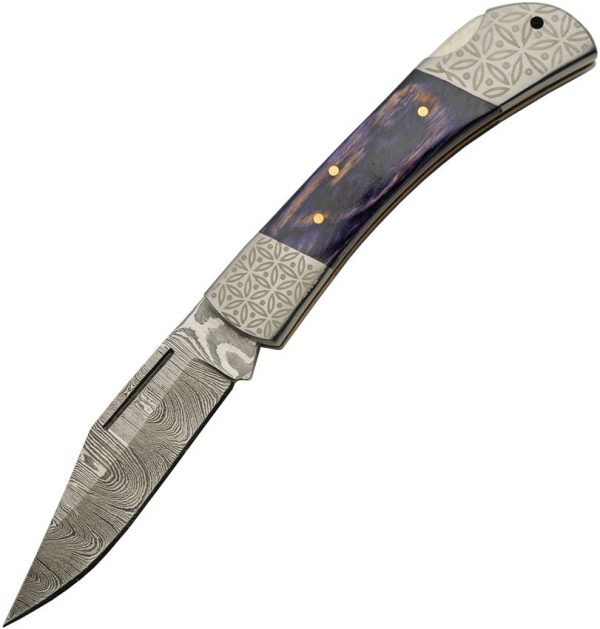 Damascus Opal Blue Lockback Folding Knife 3.5" Damascus Steel