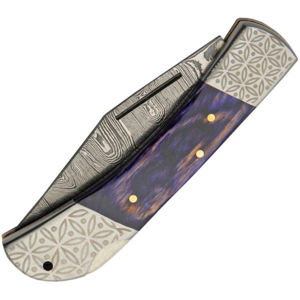 Damascus Opal Blue Lockback Folding Knife 3.5" Damascus Steel