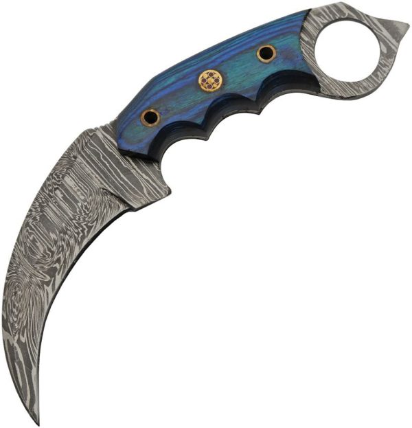 Damascus Talon Karambit Blue 3.75" Damascus Steel Fixed Blade