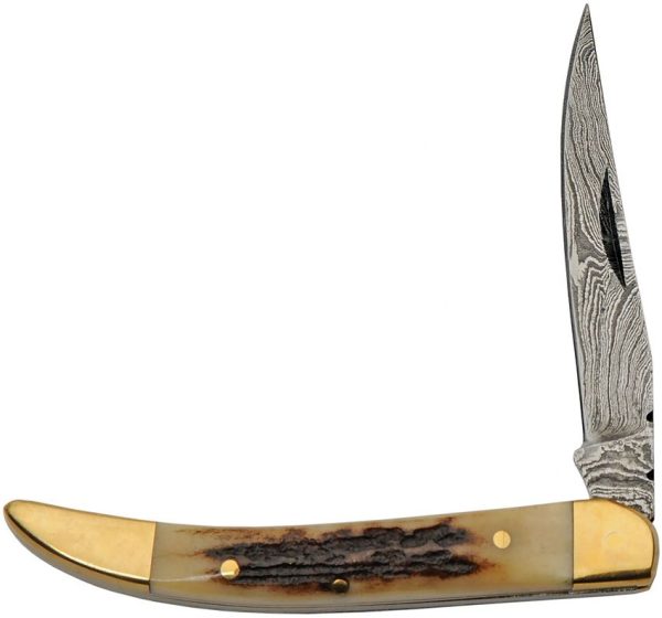 Damascus Toothpick Stag - Folding Clip Blade