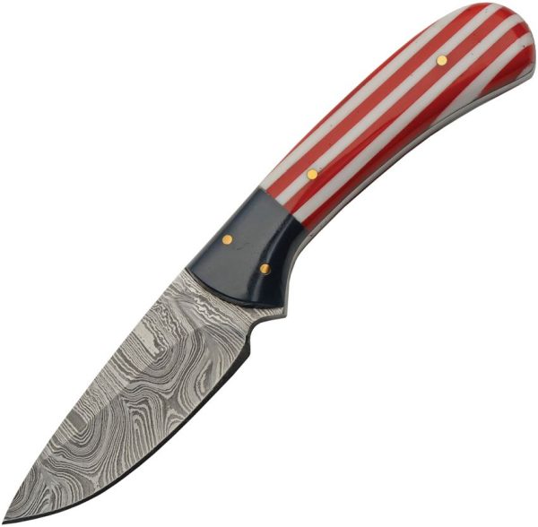 DM1361.jpg Damascus Fixed Blade Flag Knife 3" Damascus Steel Red White Blue