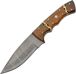 Damascus Rodeo Hunter Wood Fixed Blade Knife 4.75" Damascus Steel