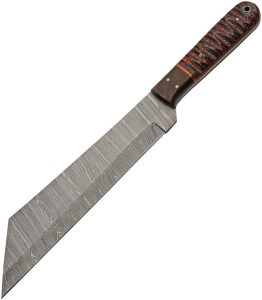 Damascus Seax Fixed Blade - Red Sculpted Wood Handle