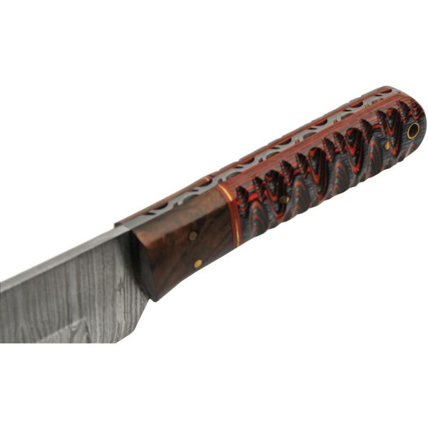 Damascus Seax Fixed Blade - Red Sculpted Wood Handle
