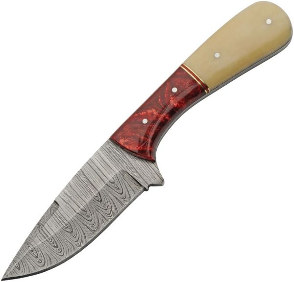 DM1370RD.jpg Damascus Skinner Fixed Blade Knife 4" Damascus Steel Camel Bone