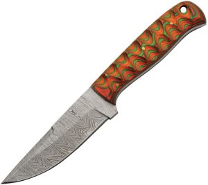 DM1376OR.jpg Damascus Hunter Green Orange Fixed Blade Knife 4" Damascus Steel