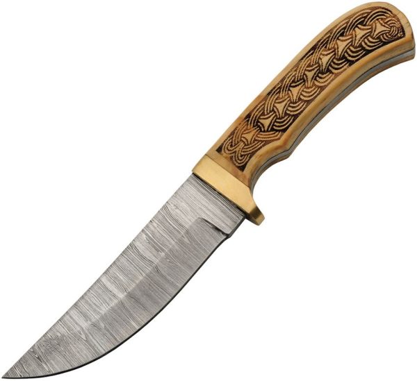 Damascus Celtic Braid Fixed Blade - Brown Wood Handle
