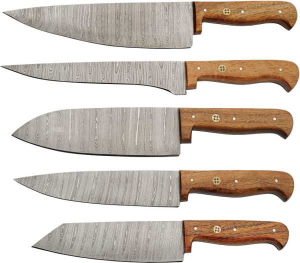 Damascus Mosaic 5Pc Kitchen Knife Set Damascus Steel Brown Wood