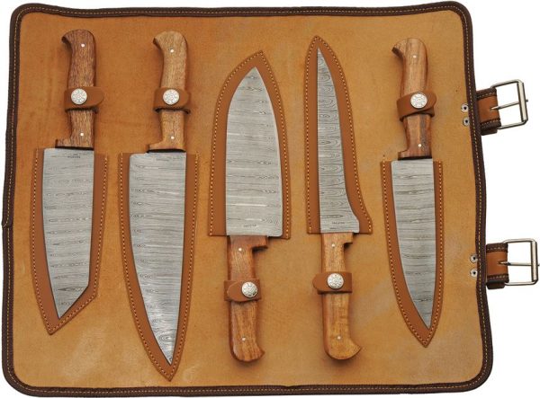 Damascus Mosaic 5Pc Kitchen Knife Set Damascus Steel Brown Wood