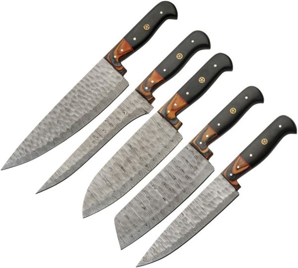 DM1393.jpg Damascus Kitchen Set 6 Knives Damascus Steel Brown Wood Roll