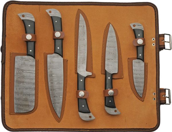 Damascus Kitchen Knife Set 5pc Damascus Steel Black Micarta Roll
