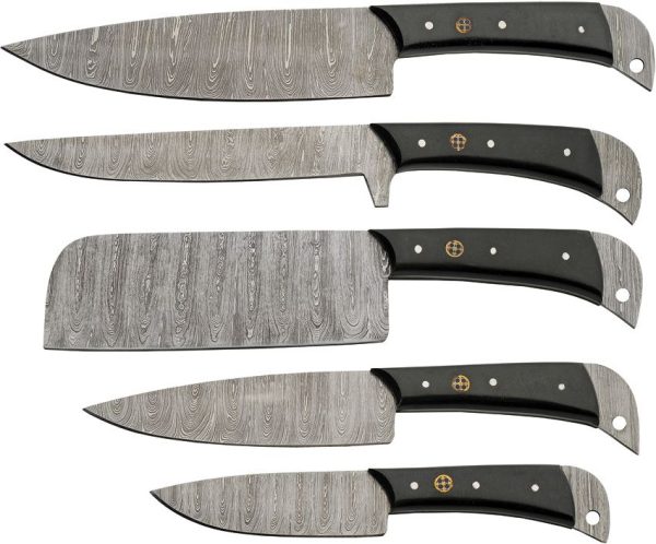Damascus Kitchen Knife Set 5pc Damascus Steel Black Micarta Roll