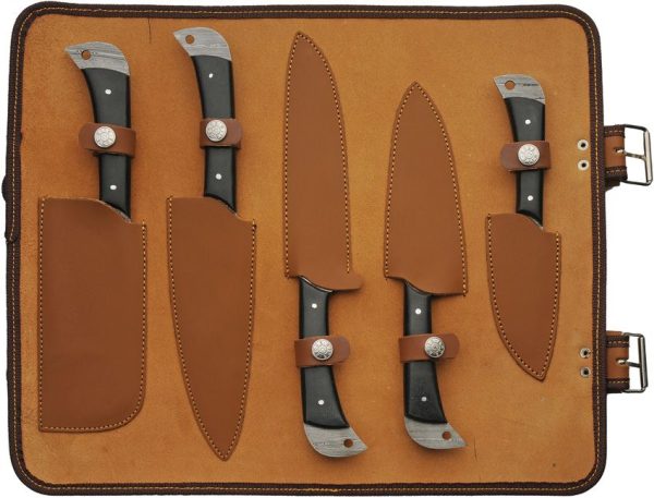 Damascus Kitchen Knife Set 5pc Damascus Steel Black Micarta Roll