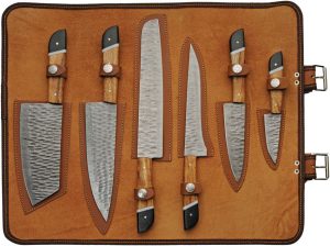 Damascus Saddlewood Kitchen Set 6pc Damascus Steel Knife Roll