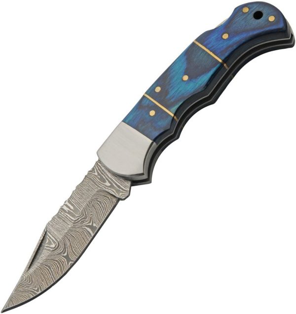 Damascus Lockback Blue - Wood Handle Folding