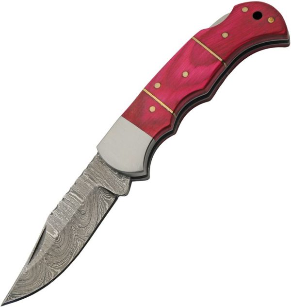 Damascus Lockback Pink - Wood Handle Folding