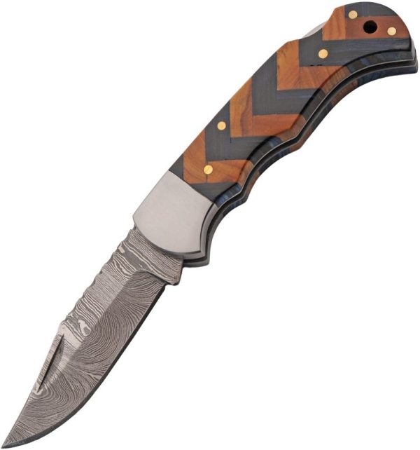 Damascus Forge Lockback Blue Wood - Clip Point