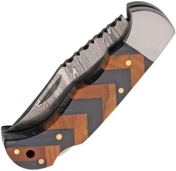 Damascus Forge Lockback Blue Wood - Clip Point
