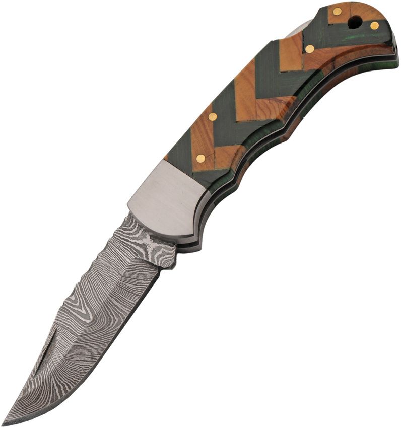 Damascus Forge Lockback Folding Knife 2.75" Damascus Steel Green Wood