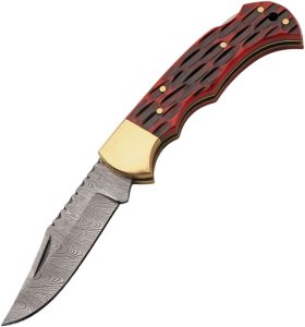 Damascus Emberlock Lockback Clip Point - Red Bone